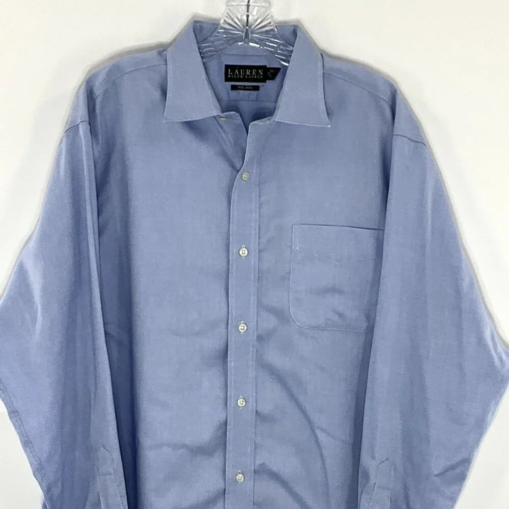 Polo Ralph Lauren Shirt Men 17 Blue 100% Cotton Long‎ Sleeve Button Non Iron